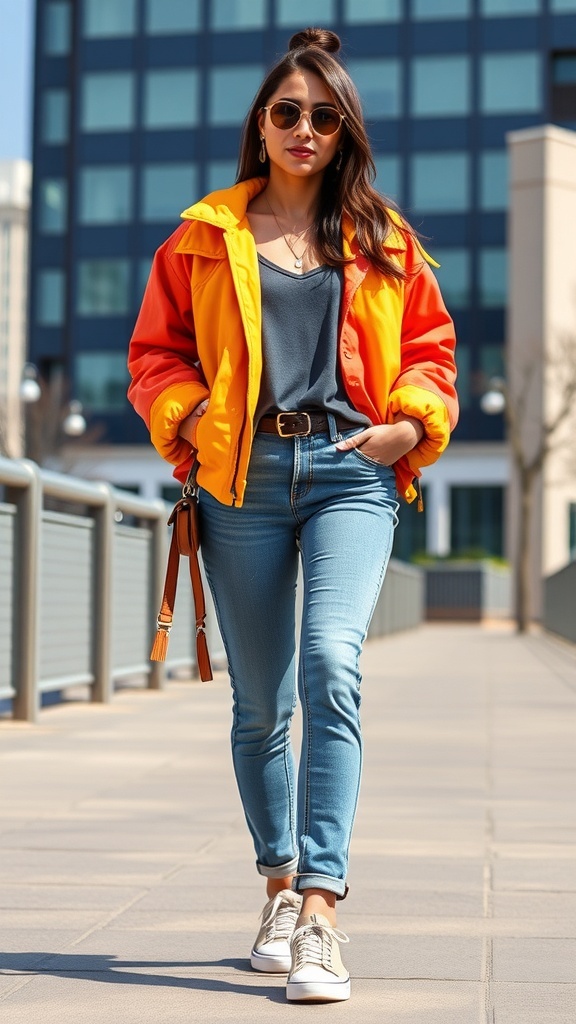 A stylish outfit with a juicy jacket and jeans, showcasing a casual yet chic look.